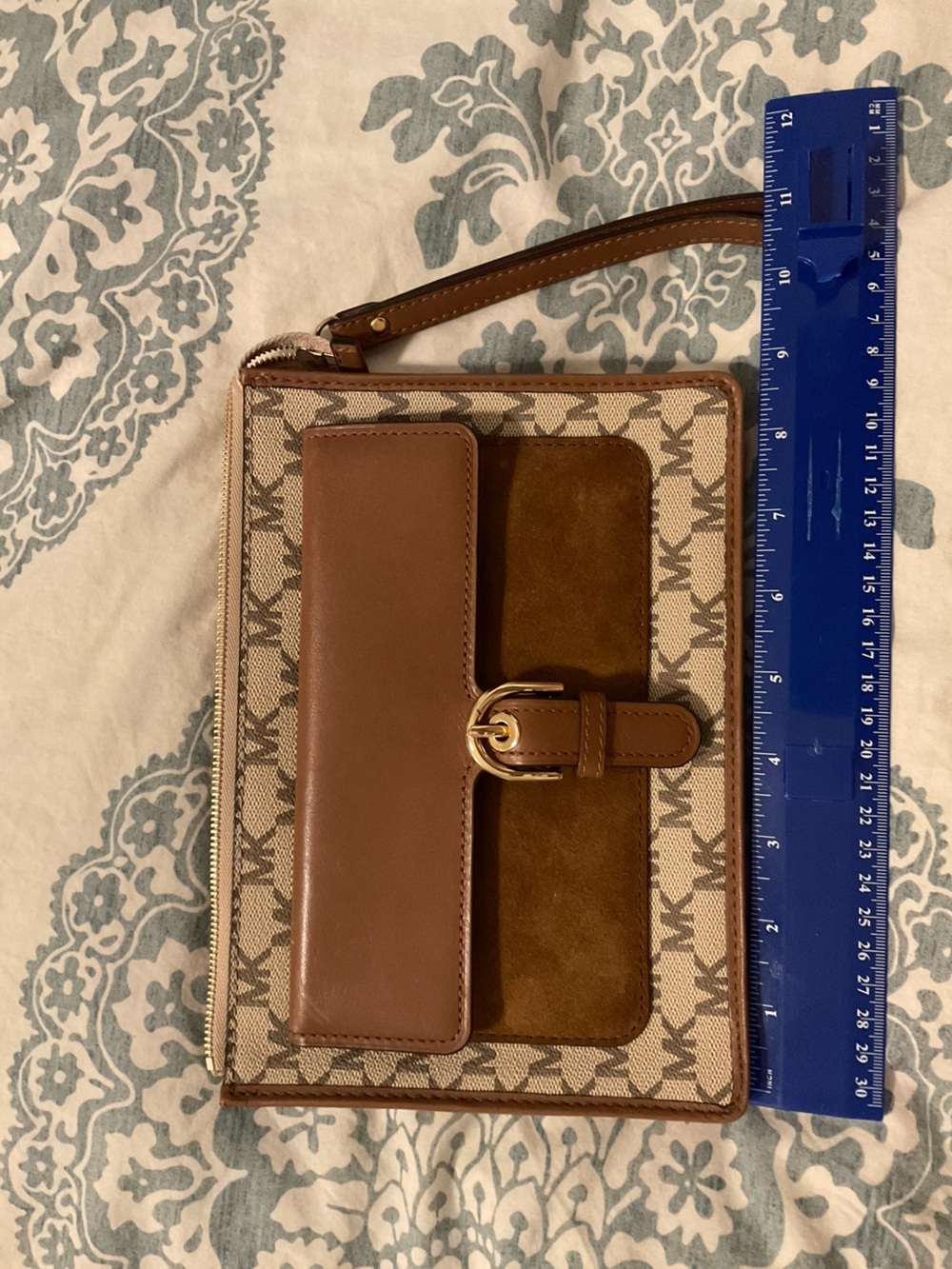 Michael Kors Tan and Brown MK Monogram Wristlet Clutch